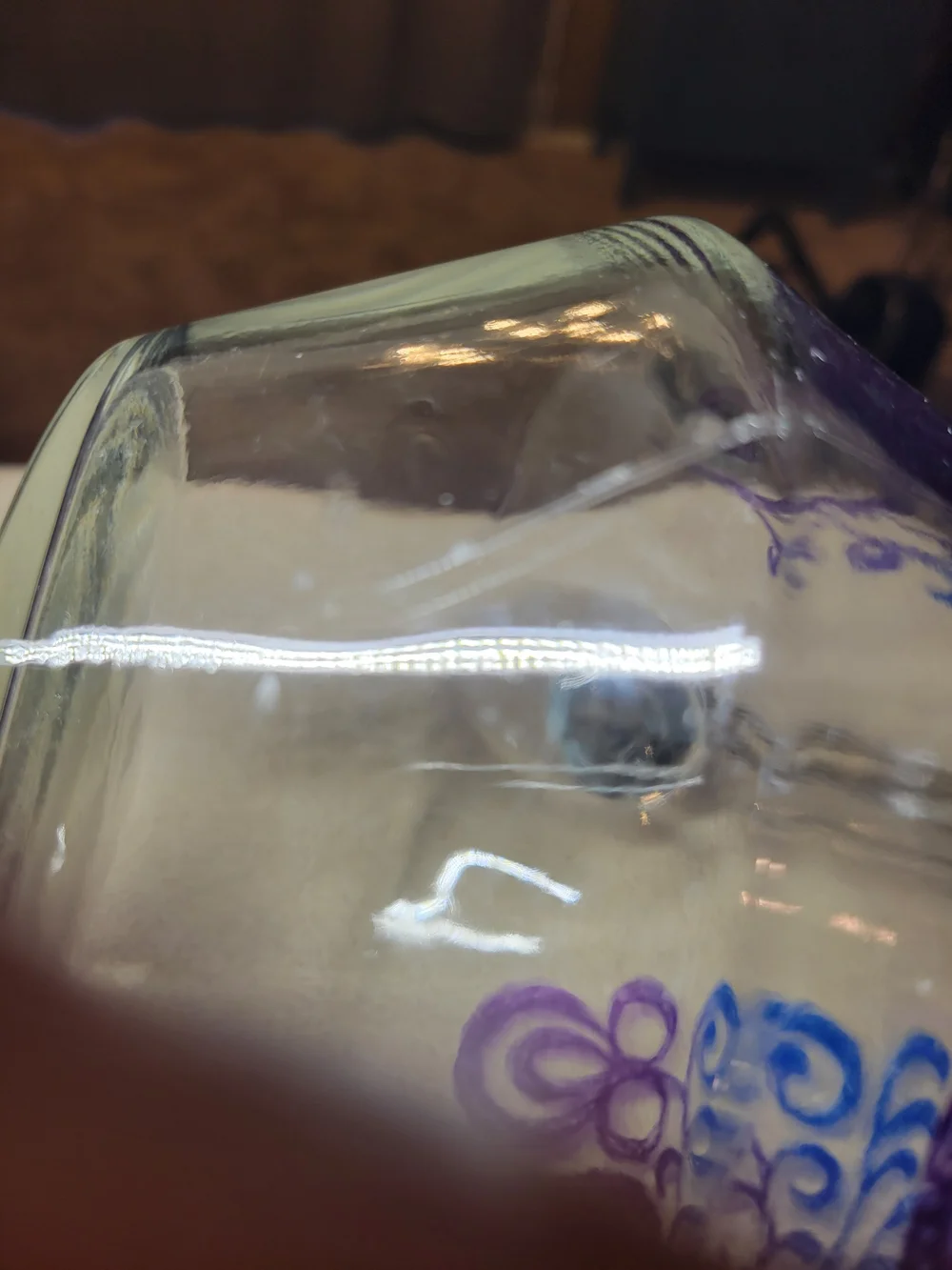 Vintage Glass Pitcher with Blue & Purple Scroll Design
